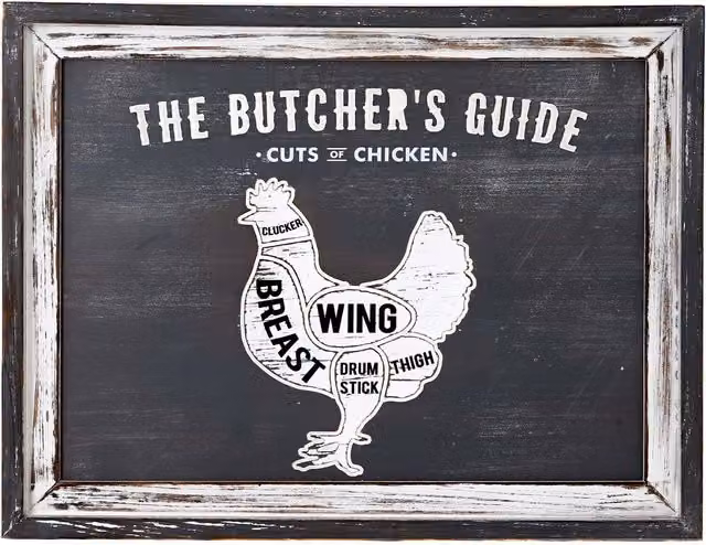KDMK Butchers Cuts Chicken Vintage Typography Wood Wall Plaque in White and Black