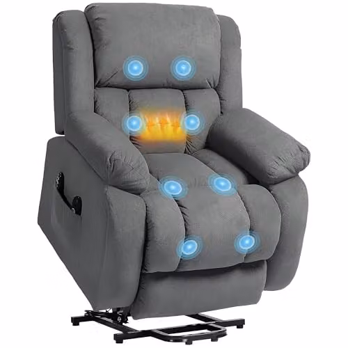 HOMCOM Grey Velvet Recliner Armchair with Powered Lift Assist, Heat and Vibration Massage – 1