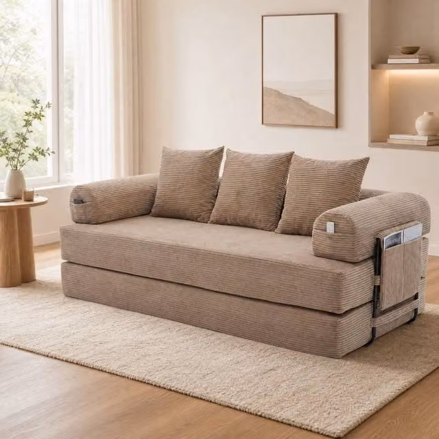 STILVORA Modular Upholstered Sofa with Metal Frame and Pull Out Drawer in Beige