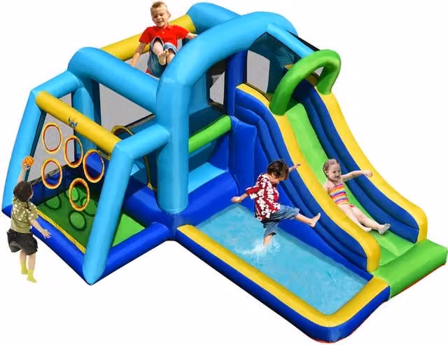 COSTWAY Blue Inflatable Ball Pit with Slide and Safety Net – 1