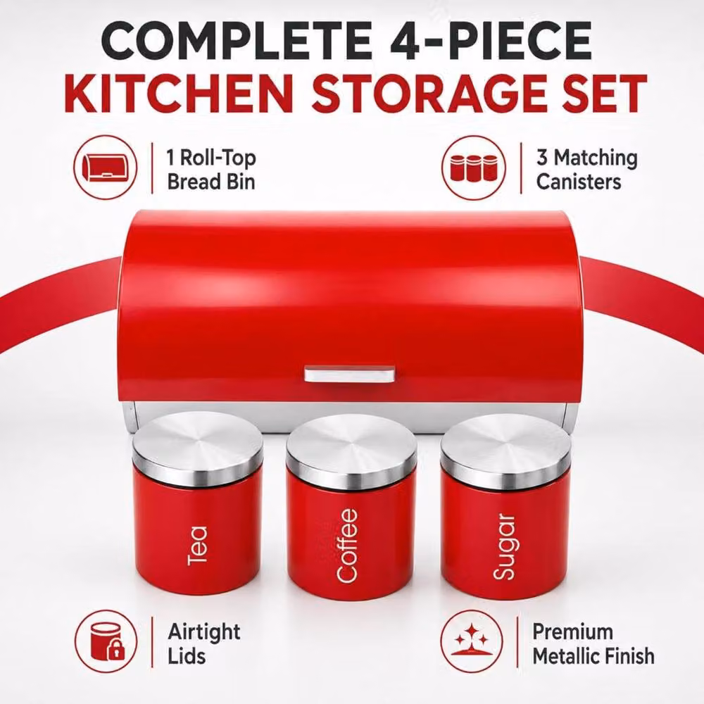 MANTRARAJ 4-Piece Red Kitchen Storage Set with Airtight Lids, Bread Bin and Canister Jars – 2