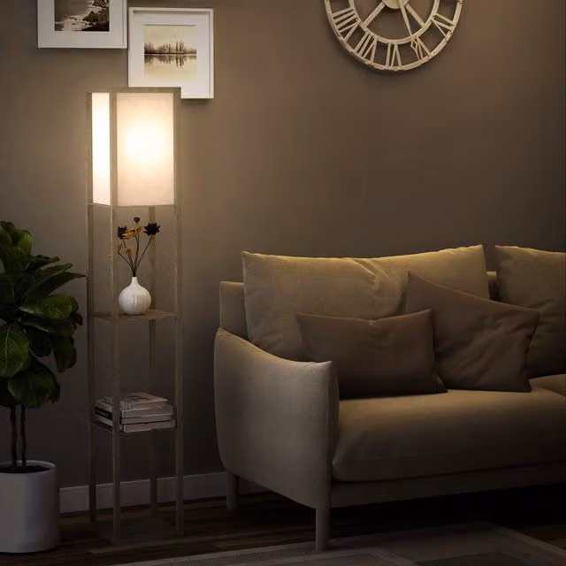 HOMCOM Modern 3 Tier Floor Lamp with Shelves in White and Wood