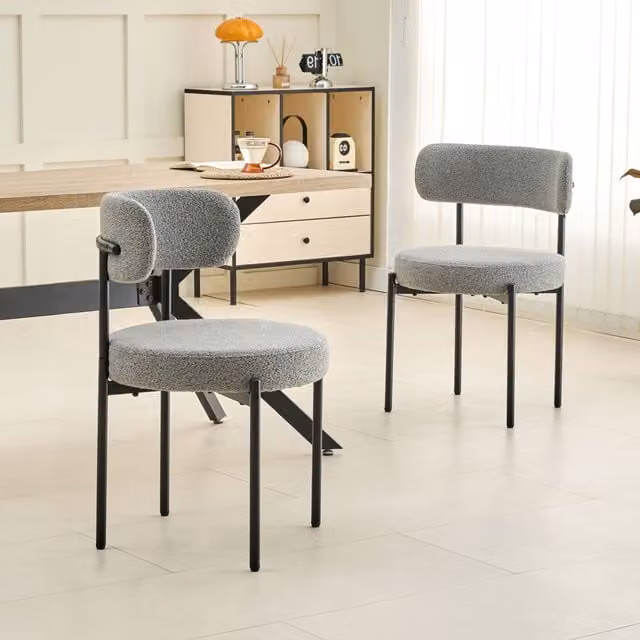 Xample Set of 2 Mid-Century Dining Chairs in Grey Bouclé Fabric with Black Metal Legs