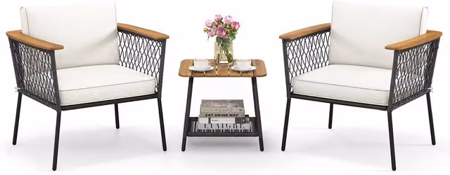Costway 3 Piece Modern White Wicker Outdoor Conversation Set with Acacia Wood and Rattan