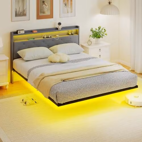 HOMCOM Grey Upholstered Floating Bed Frame with RGB LED Lights, USB Charging Ports and Side Compartments, W/D/H: 150 x 200 cm – 1