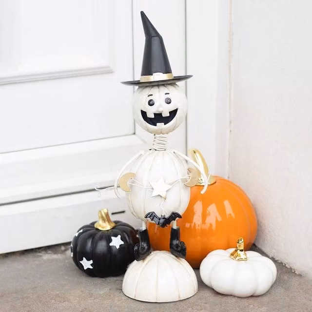 Uniqueful White Metal Pumpkin Man Ornament with Witch Hat for Halloween and Autumn Tabletop Decor