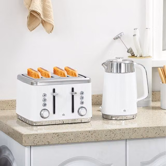 HOMCOM Rapid Boil Kettle 1.7L and 4 Slice Toaster Set with Crumb Tray, White