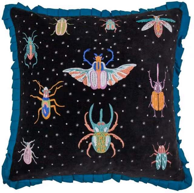 Wylder Tropics Darkling Beetles Embroidered Velvet Cushion in Black, W/D/H: 50 x 50 x 50 cm – 1