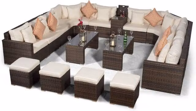 Giardino Santorini 10 Seat Brown Rattan Sofa Set with Ice Bucket, Coffee Tables and Stools
