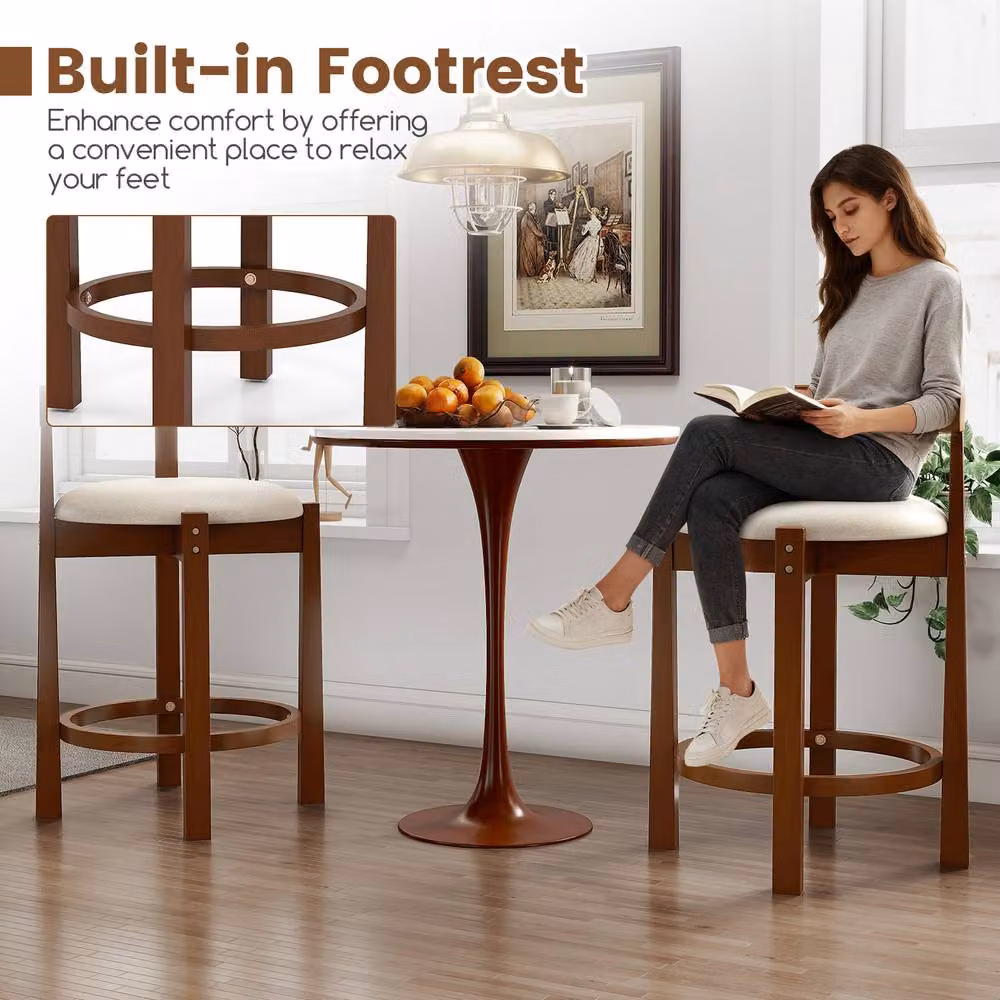 Gymax 2 Pack Brown Linen Upholstered Bar Stools with Rubberwood Legs, Counter Height: 62 cm – 6