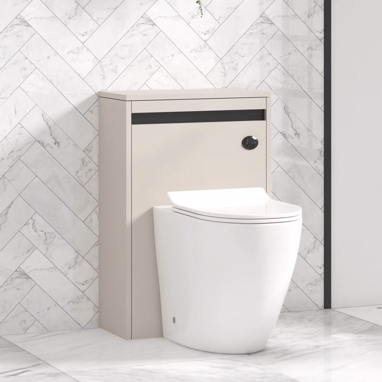 Royal Bathrooms Orion 540mm Warm Taupe Wall Mounted WC Unit with Elva Rimless Short Projection Ceramic Toilet Pan, Slim Soft Close Seat and Cistern with Black Accent Trim