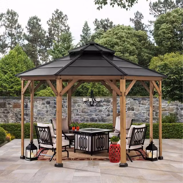 Sunjoy Rustic Cedar Wood and Metal Framed Hip Roof Gazebo in Anthracite, W: 393 cm, D: 393 cm