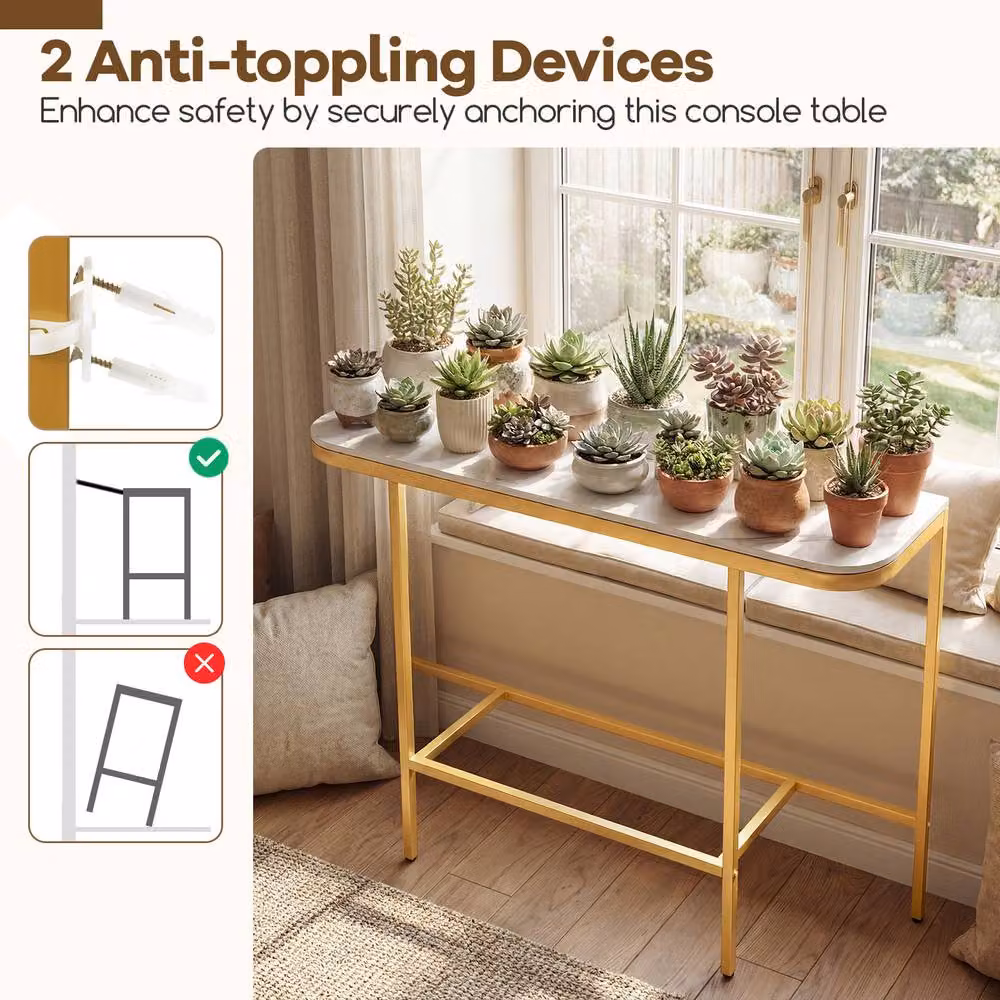 Costway Modern Hallway Console Table with Faux Marble Top and Metal Legs in White – 3