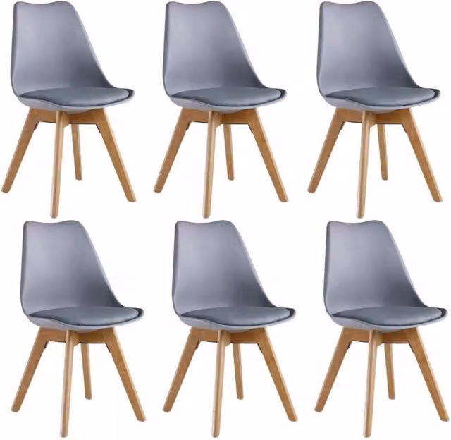 Life Interiors Set of 6 Tulip Dining Chairs with Grey Synthetic Leather Padded Seats and Solid Wood Legs
