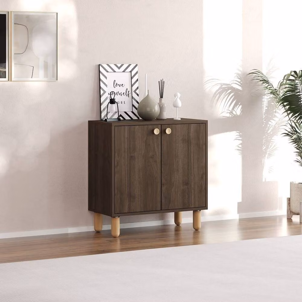 CALICOSY LINA Small 2-Door Sideboard with Solid Beech Legs in Brown – 2