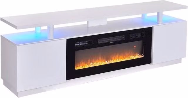 FORGEVIO Modern White Glossy Living Room TV Stand Unit with Integrated Electric Fireplace – 1