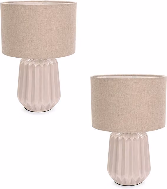 Zak Pair of Modern Ceramic Cylinder Table Lamps in Stone and Beige