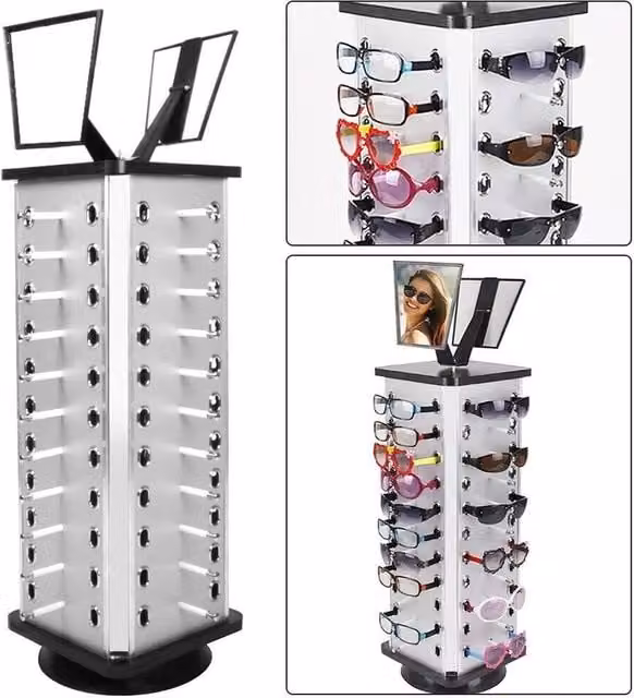 NESTLUNE 360 Degree Rotating Sunglasses Holder Rack Display Stand in Silver, Holds 44 Pairs