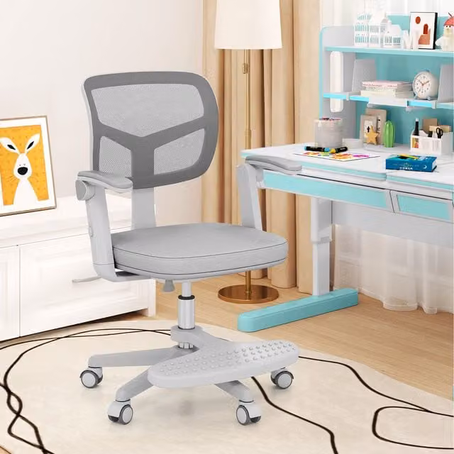 COSTWAY Grey Fabric Kids Task Chair with Armrests and Swivel Castors