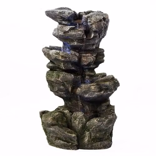 Garden Gear Serenity Cascading Rock Waterfall Water Feature with LED Lights, Grey Polyresin Natural Stone Look, Height: 82 cm