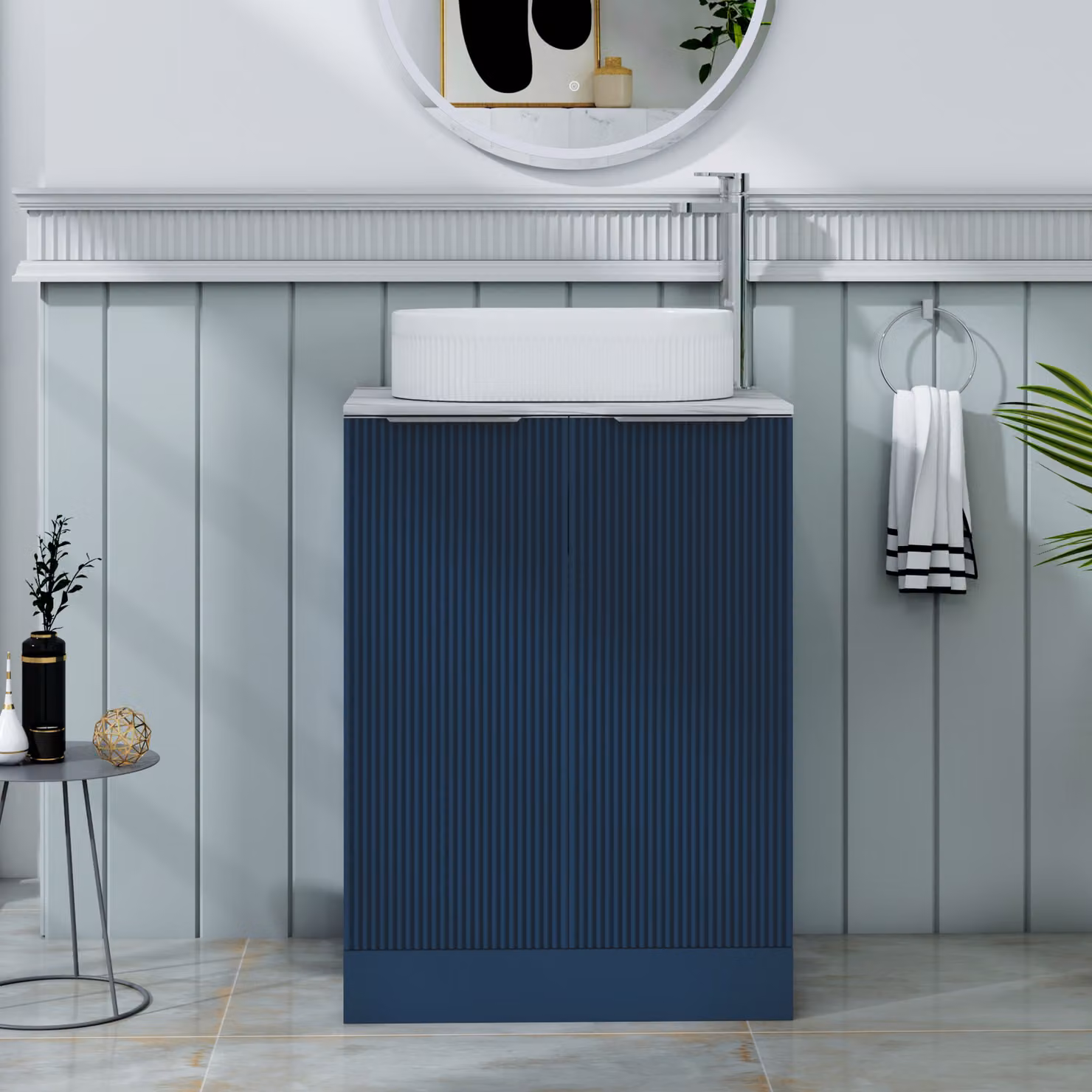 Royal Bathrooms Evora 600mm Midnight Blue Fluted Floor Standing 2 Door Vanity Unit with Lyon Stone Basin