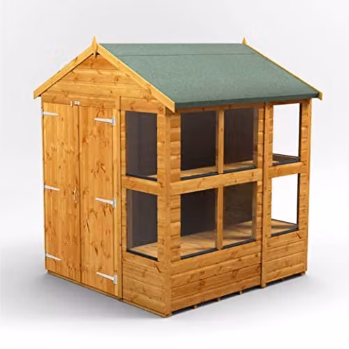 Powersheds Premium Apex Wooden Potting Shed with Double Doors and Toughened Glass Windows in Brown, W/D/H: 195 x 191.4 x 195 cm