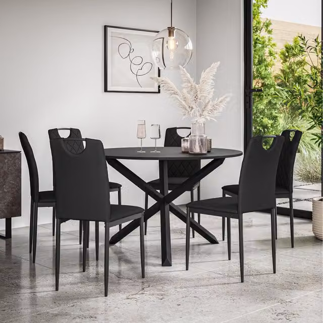 More4Homes Malvern Round Black Dining Table and 6 Monza Chairs Set with Black Oak Legs, Diameter: 120 cm, Height: 75 cm
