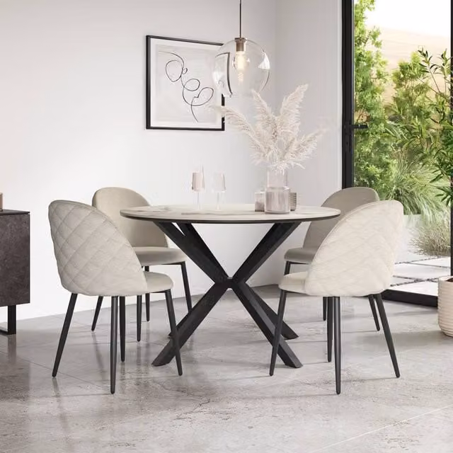 More4Homes Calne Calcutta Gold Ceramic Round Dining Table and 6 Raye Velvet Chairs in Beige, Diameter: 120 cm, Height: 75 cm – 1