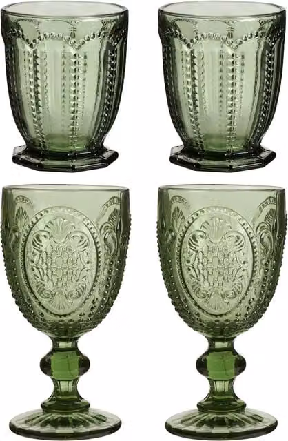 Dibor Set of 4 Green Embossed Vintage Luxury Short Tumblers and Wine Goblets, 310ml per glass – 1
