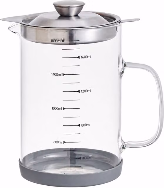 Eden & Willow Glass Measuring Jug with Oil Strainer and Steel Lid, 1.8 l, Transparent