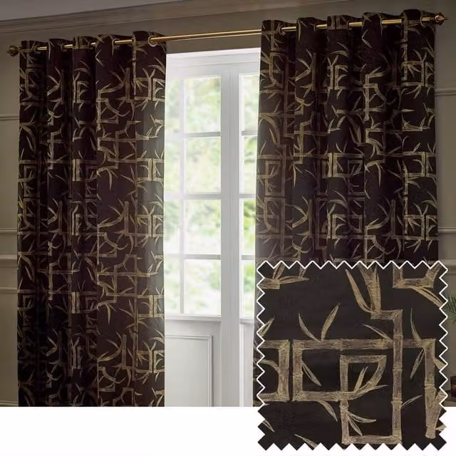 Paoletti Bamboo Black Jacquard Eyelet Curtain Pair, Width: 229 cm, Drop: 137 cm – 1