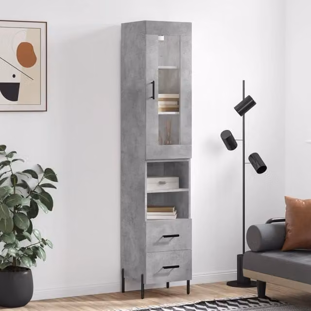 Berkfield Home Highboard in Concrete Grey with Glass Doors, W/D/H: 34.5 x 34 x 180 cm