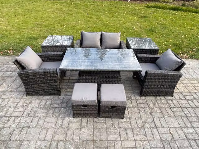 Fimous Rattan Garden Furniture Sofa Set in Dark Grey with Height Adjustable Lifting Table, 2 Side Tables and 2 Footstools