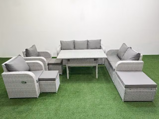 Fimous PE Rattan Garden Furniture Set in Light Grey with Reclining Chair, Double Love Seat, Rectangular Dining Table and 3 Stools