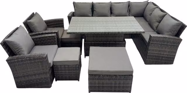 Fimous 11 Seat Rattan Garden Furniture Corner Sofa Set with 3 Footstools in Dark Grey
