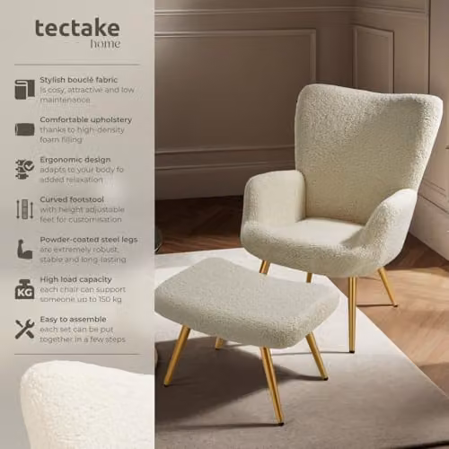 tectake Hygge Armchair with Ottoman in Cream Bouclé with Gold Metal Legs – 2
