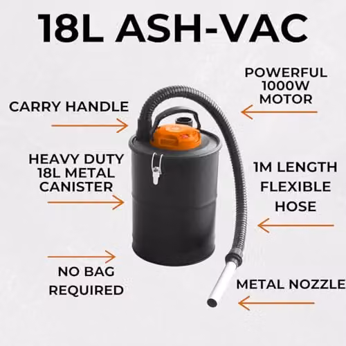 Lazy Tools Dirty-Sucker Ash Vacuum Cleaner, 1000W, 18L Capacity, Black with HEPA Filter and Metal Construction – 3