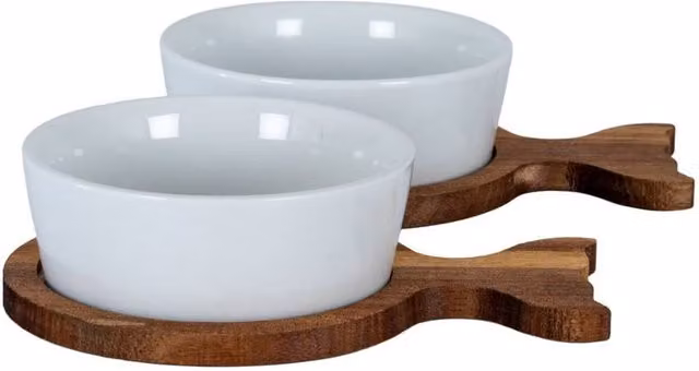 KDMD Set of 2 Brown Acacia Wood Fishtail Serving Trays with Solid Ceramic Bowls – 1