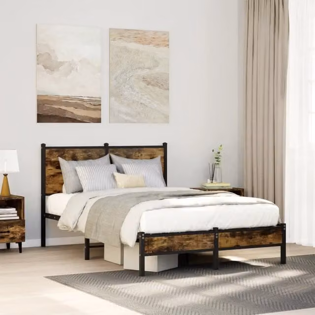 Berkfield Home Metal Bed Frame in Smoked Oak Brown, W/D/H: 120 x 200 cm
