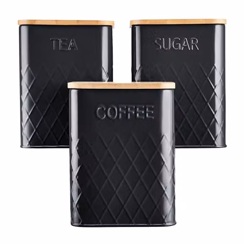 Cooks Professional 3-Piece Black Stainless Steel Tea, Coffee and Sugar Canister Set with Airtight Bamboo Lids and Geometric Pattern – 4
