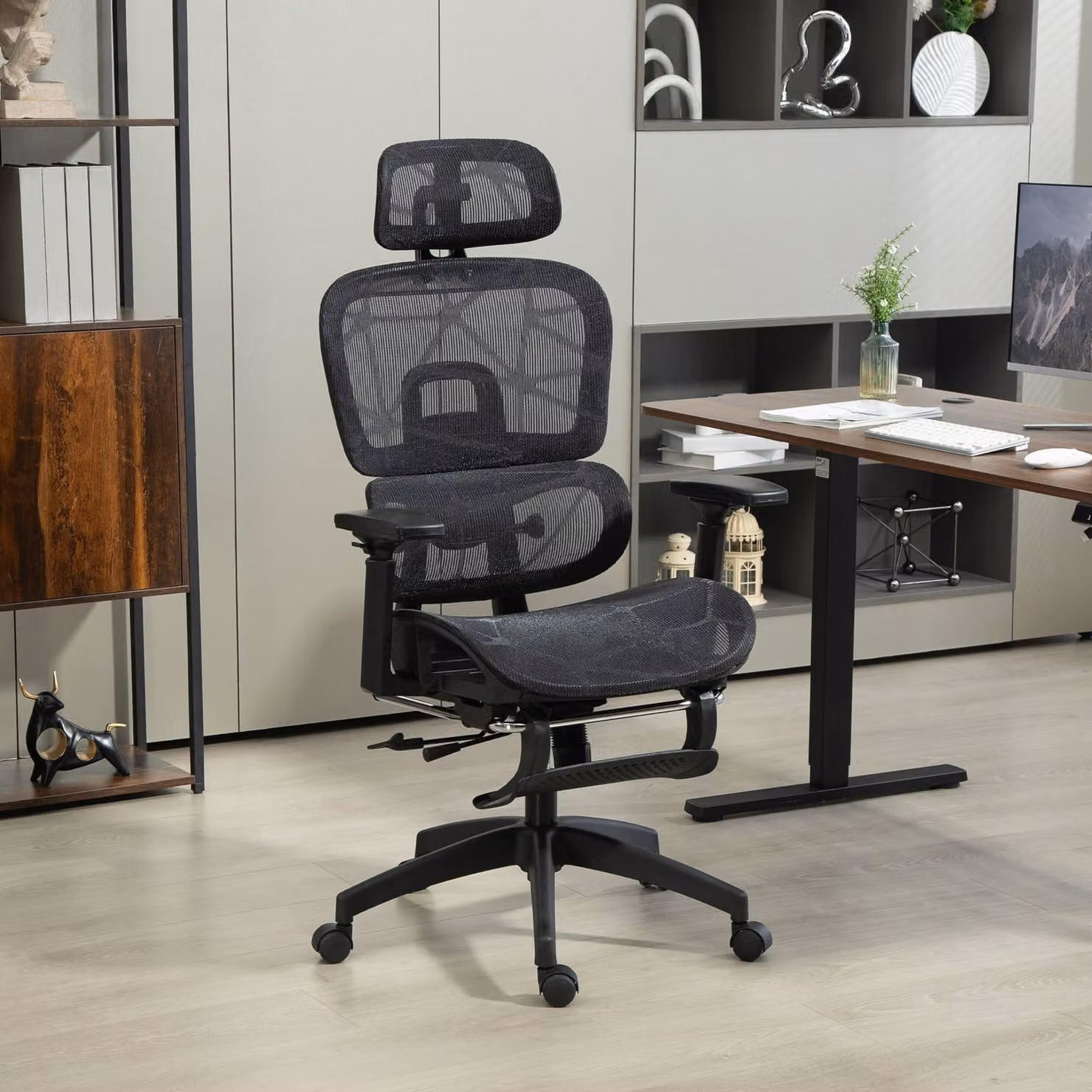HOMCOM Black Fabric Executive Recliner Office Chair with Headrest, Armrests and Lumbar Support – 2