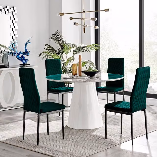 FurnitureboxUK Palma Round White Marble Effect Dining Table with 4 Green Velvet Milan Chairs and Black Legs