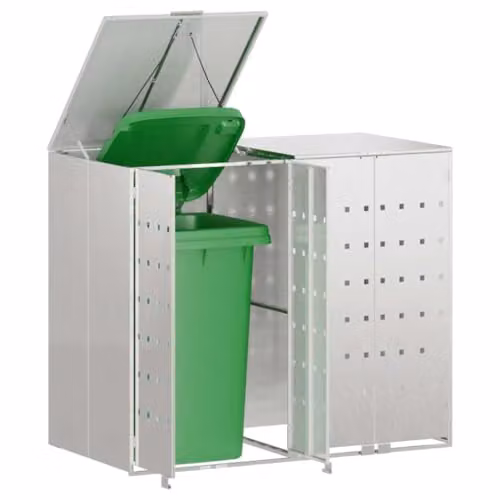 vidaXL Wheelie Bin Storage for 2 Bins, Stainless Steel, Silver, W/D/H: 136.0 x 115.5 x 38.3 cm