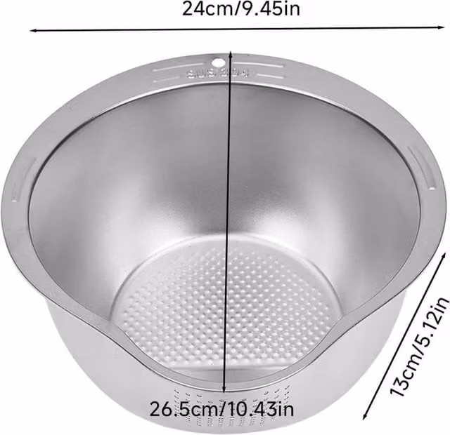 PAWNORA Silver Stainless Steel Large Round Washing Basin Bowl Sink Drainer with Colander, Diameter: 26.5 cm, Height: 13.0 cm