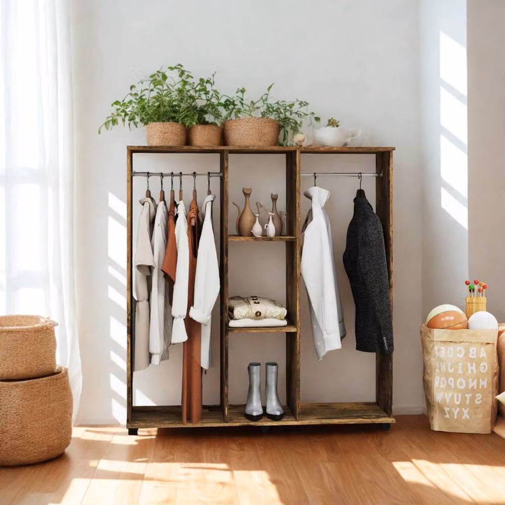 FURNOS Open Wardrobe Clothes Rail with Storage Shelves on Wheels, Rustic Brown, W/D/H: 128 x 40 x 30 cm – 2