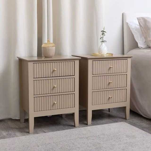 Melody Maison Hales Tan Pair of 3 Drawer Bedside Tables in Beige