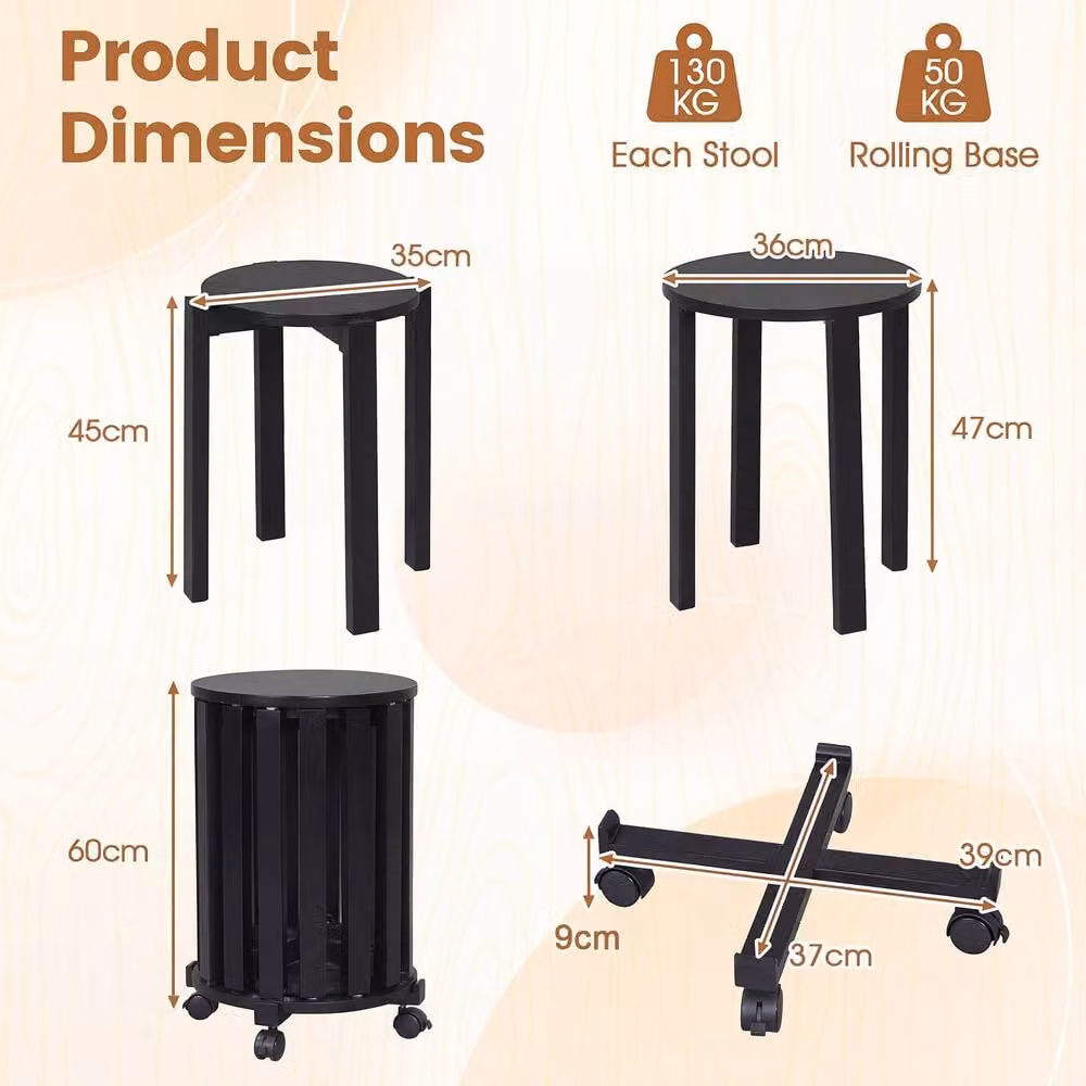 Costway Set of 4 Stackable Wooden Nesting Dining Stools with Rolling Base in Black – 1