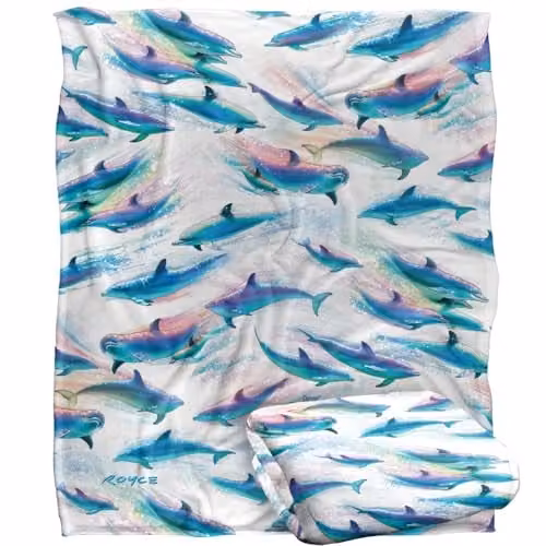 JQ Licensing Royce Mcclure Dolphin Flow Repeat Pattern Super Soft Fleece Throw Blanket in White and Multicolour, W/D/H: 152 x 127 cm – 1