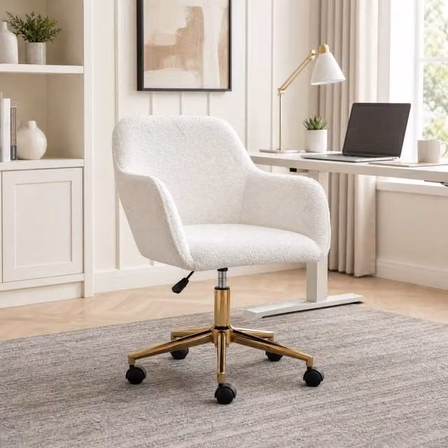 STILVORA White Bouclé Swivel Task Chair with Gold Metal Base