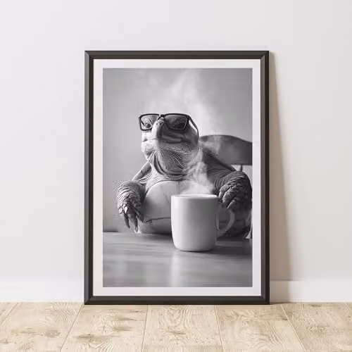 60 Second Makeover Funny Turtle Drinking Coffee Paper Poster, Multicolour, A4